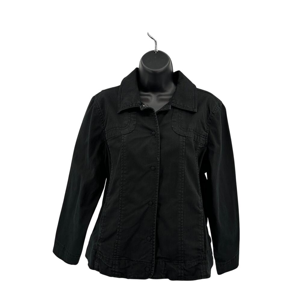 Amber Sun Jean Jacket Womens Petite L Black Button Down Long Sleeve Denim Cotton